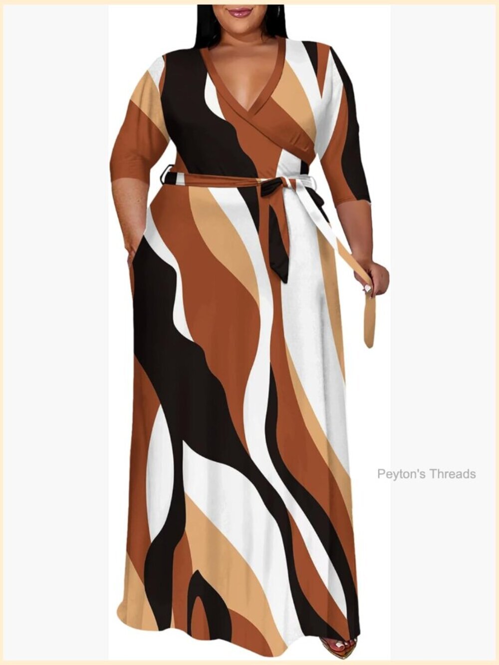 Plus Size Maxi Dress 3/4 Sleeve V-Neck Flowy Long Dress with Belt and Pockets
